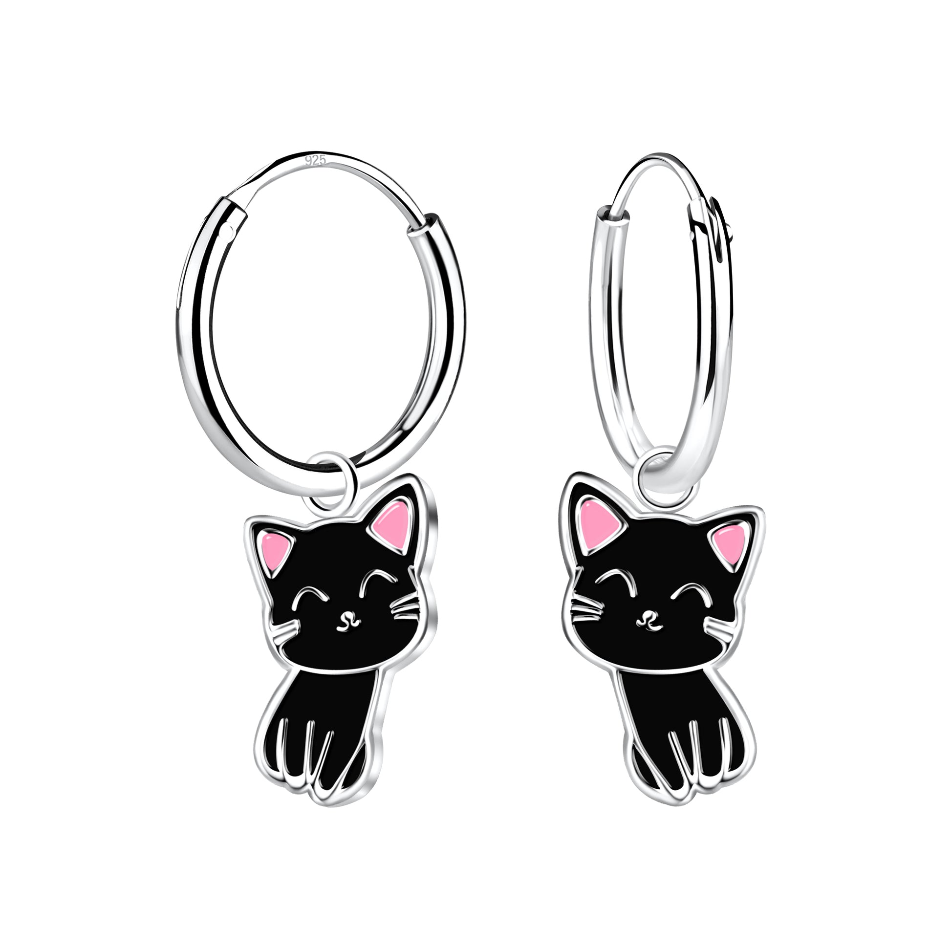 Melchior Jewellery black cat charm hoop earrings for kids with cute black cat design and pink ears