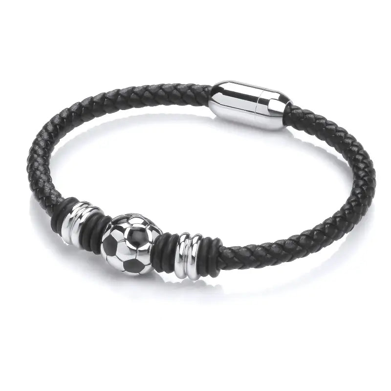 Melchior Jewellery black leather football bracelet with braided strap and metal football charm