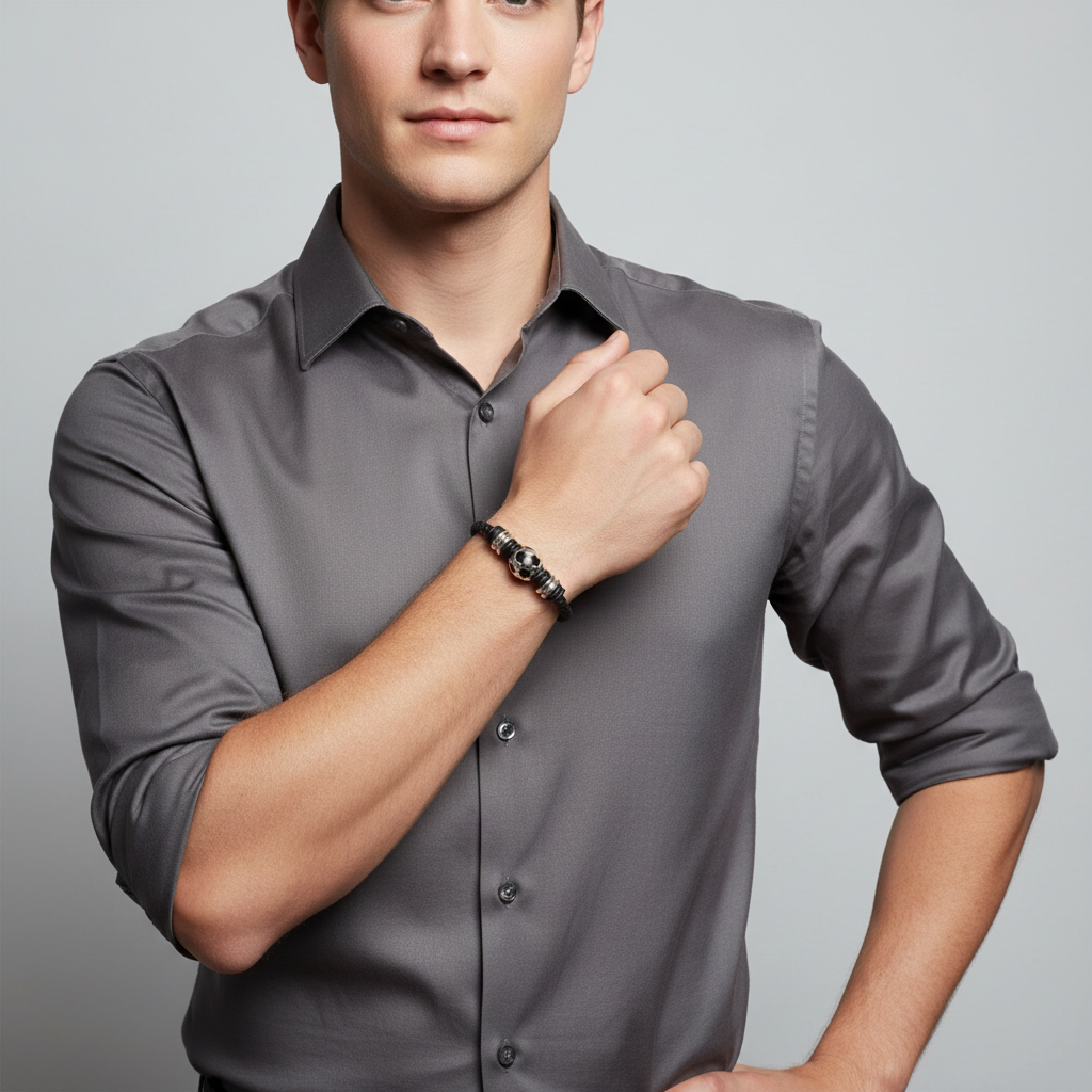 Man wearing black leather football bracelet by Melchior Jewellery with a grey shirt on light background