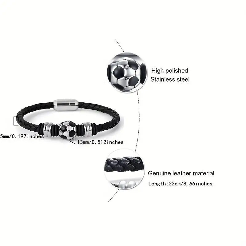 Black leather football bracelet by Melchior Jewellery with stainless steel football charm and braided genuine leather
