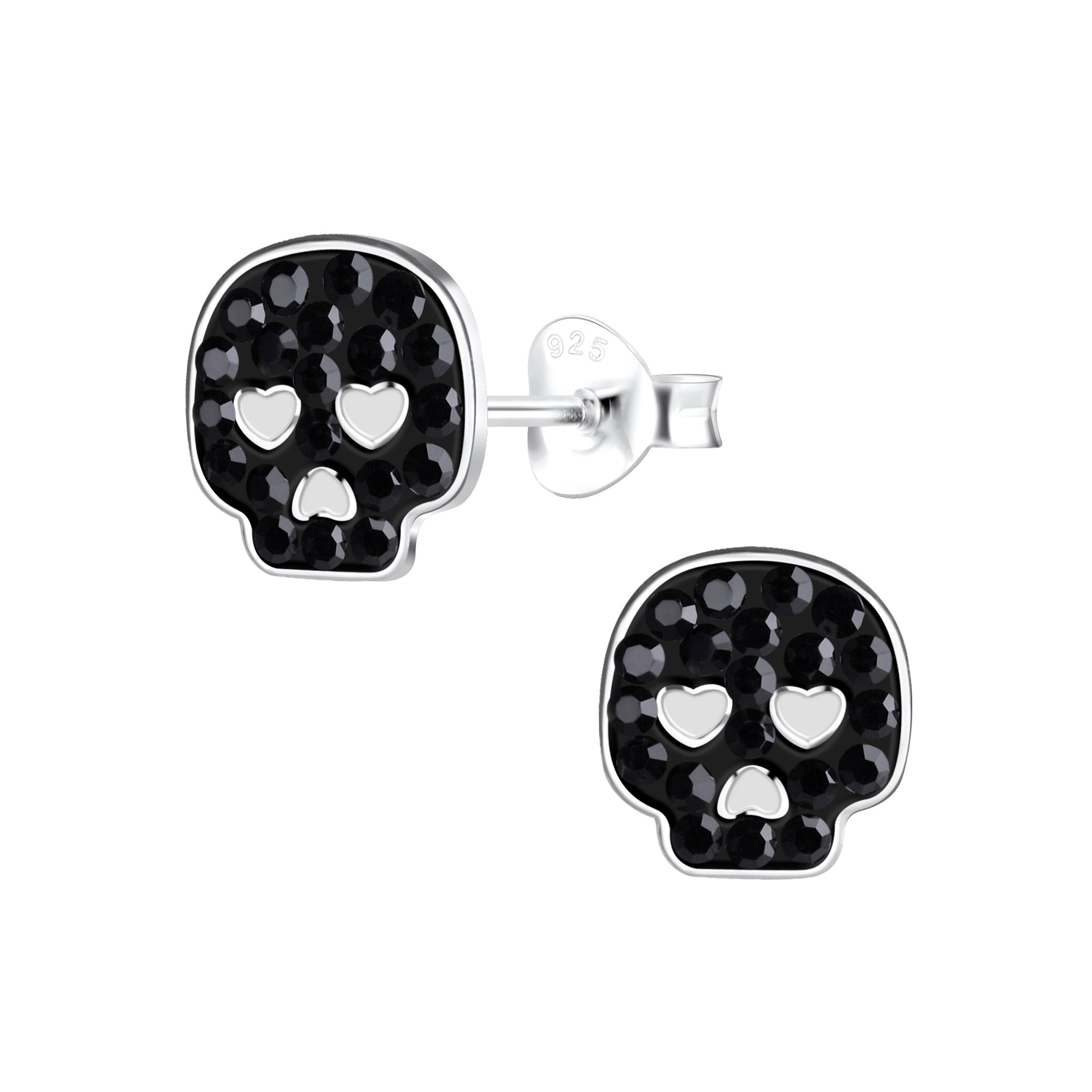Melchior Jewellery childrens black skull stud earrings with heart eye cutouts and silver backing