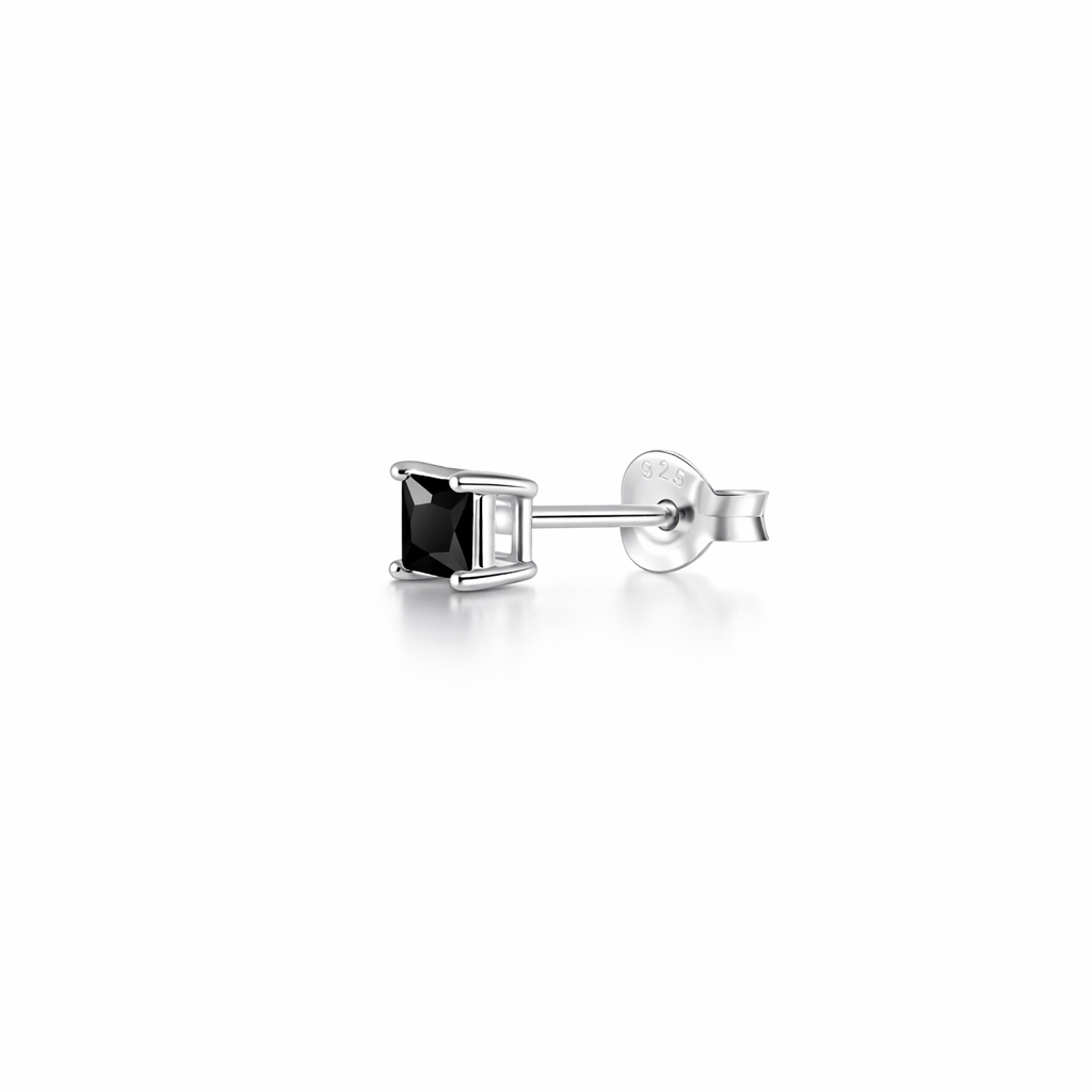 Melchior Jewellery black square stud earring for men with silver setting and secure backing