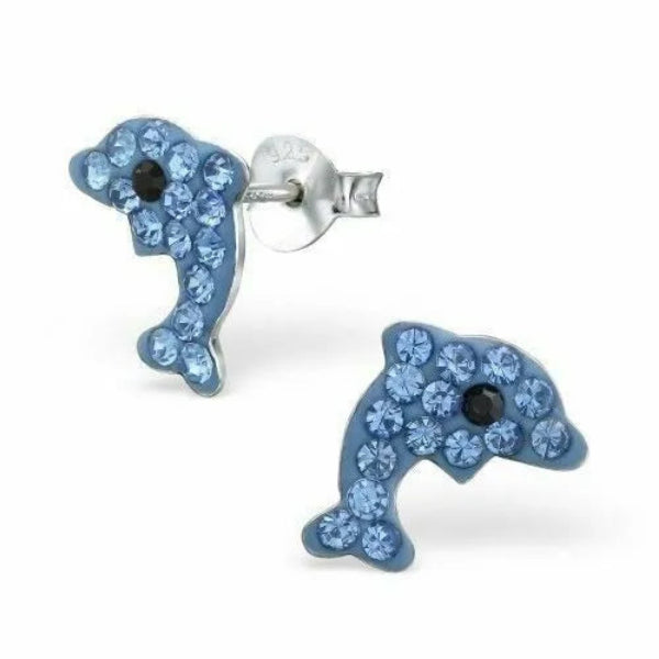 Blue crystal dolphin stud earrings for kids by Melchior Jewellery with silver backing