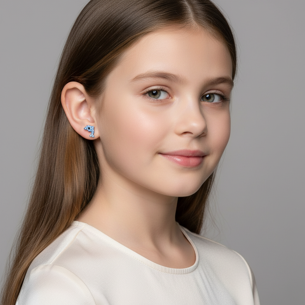 Blue crystal dolphin stud earrings for kids worn by girl with long brown hair from Melchior Jewellery