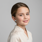 Girl wearing blue glitter screw back earrings for kids by Melchior Jewellery with a white blouse
