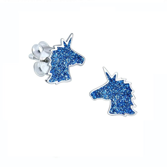 Blue unicorn stud earrings for kids with glittery design by Melchior Jewellery