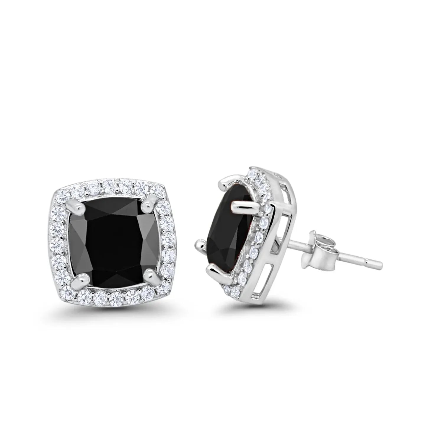 Melchior Jewellery bridal black stud earrings with cushion-cut black stones surrounded by clear crystals in silver setting