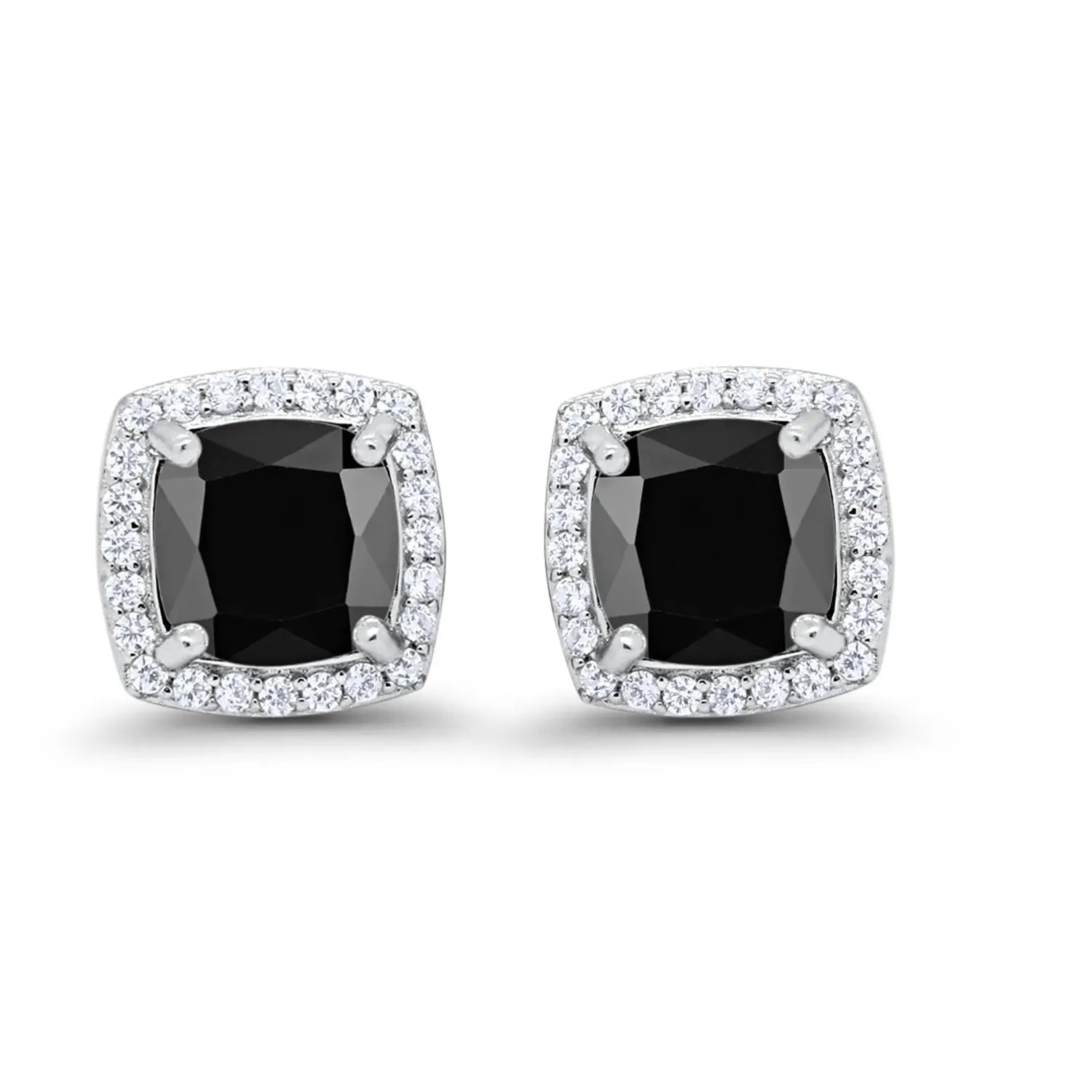Melchior Jewellery bridal black stud earrings with cushion-cut black stones surrounded by sparkling white crystals