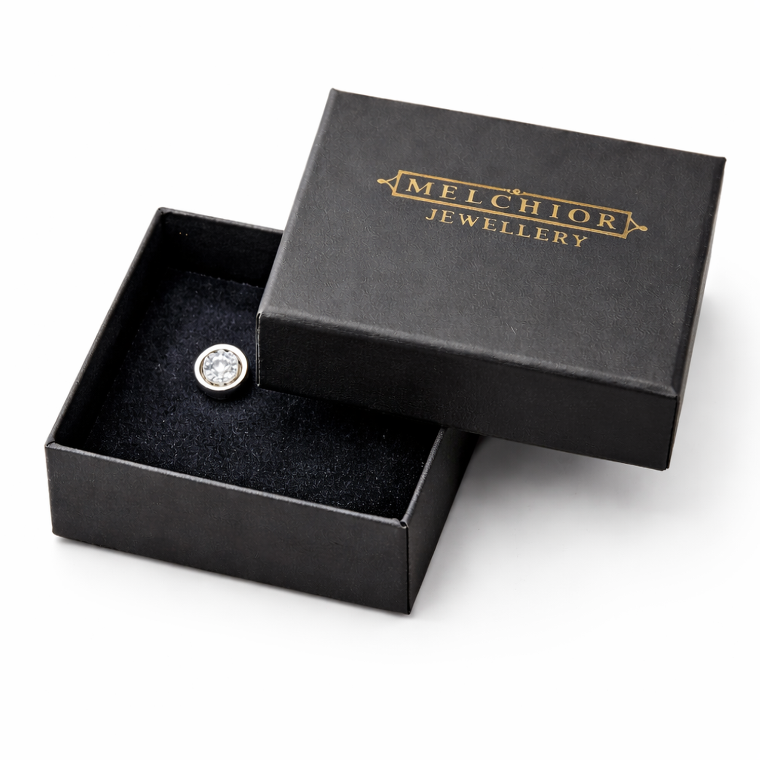 Brilliant cut single stud earring for men displayed in a black Melchior Jewellery box