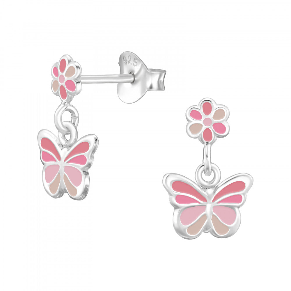 Silver butterfly drop earrings for girls with pink and beige enamel wings and flower studs