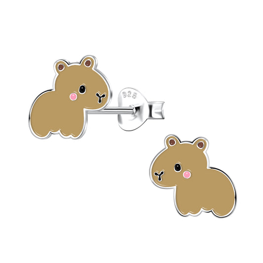 Melchior Jewellery capybara earrings for girls in silver with cute brown enamel design