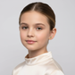 Young girl wearing Melchior Jewellery capybara earrings for girls with a cream satin top