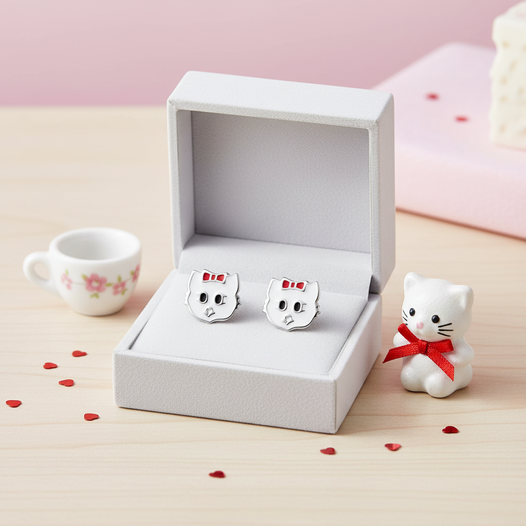Melchior Jewellery cat earrings with red bow for children displayed in white box with decorative cat figure and heart confetti