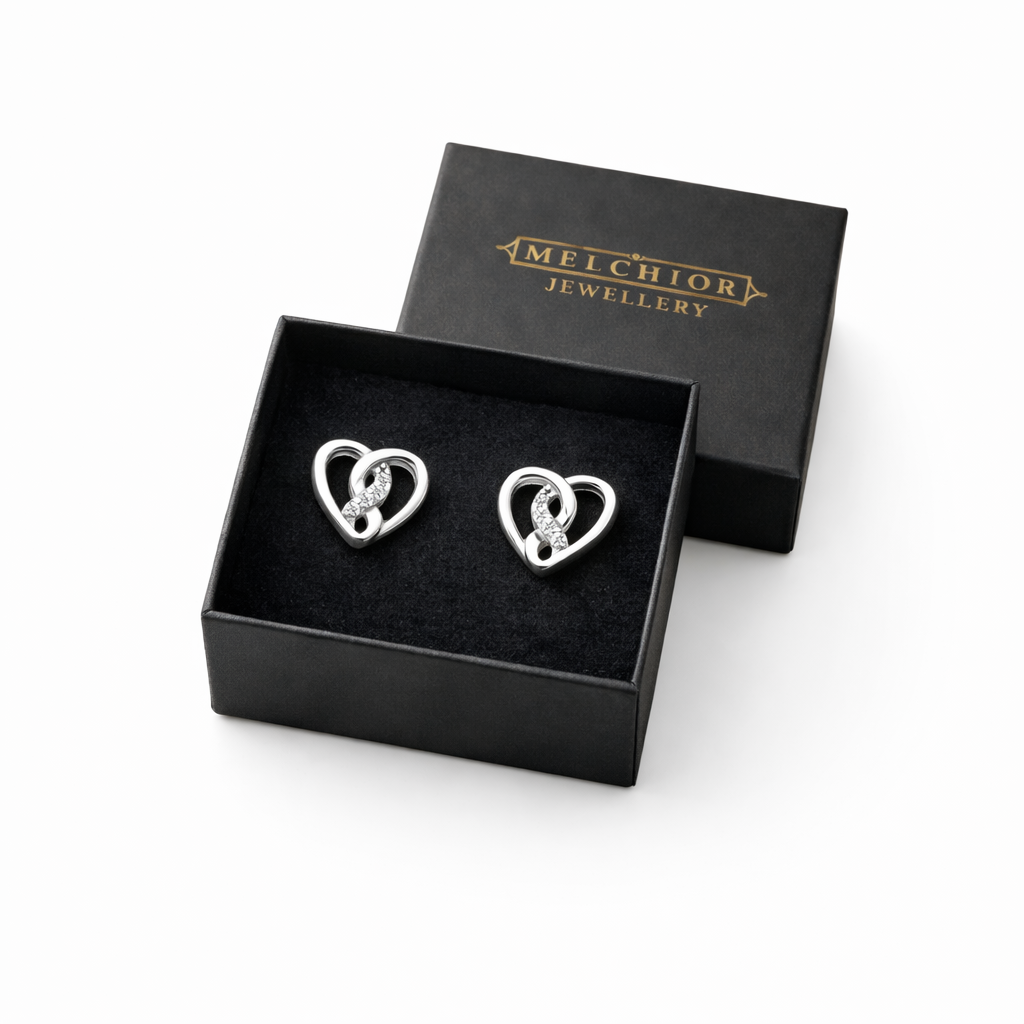 Melchior Jewellery celtic heart stud earrings sterling silver in a black gift box
