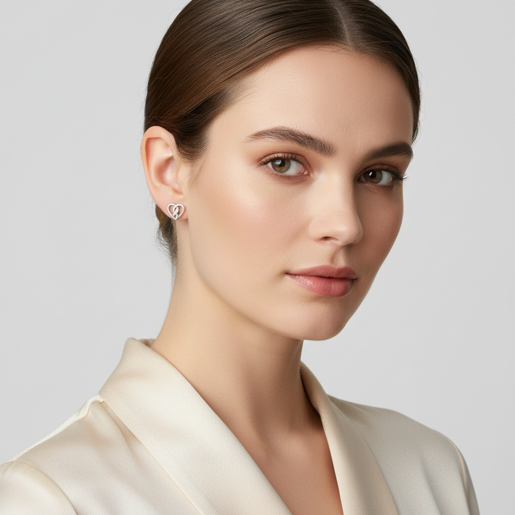 Womans celtic heart stud earrings sterling silver by Melchior Jewellery worn on model with elegant cream blouse