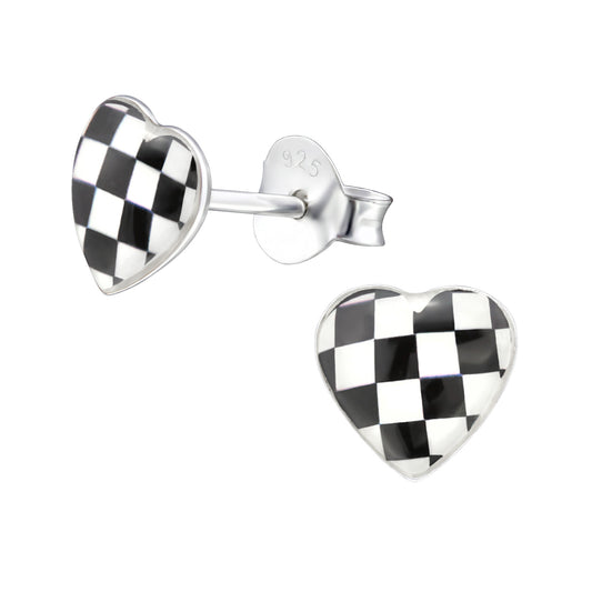 Melchior Jewellery checkered heart stud earrings for kids in silver with black and white pattern