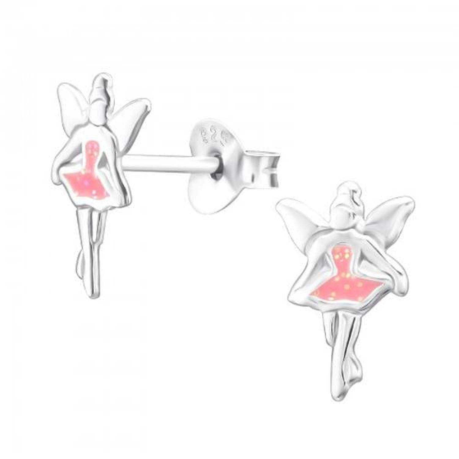 Melchior Jewellery Childrens Angel Stud Earrings in silver with pink enamel dress detail for girls