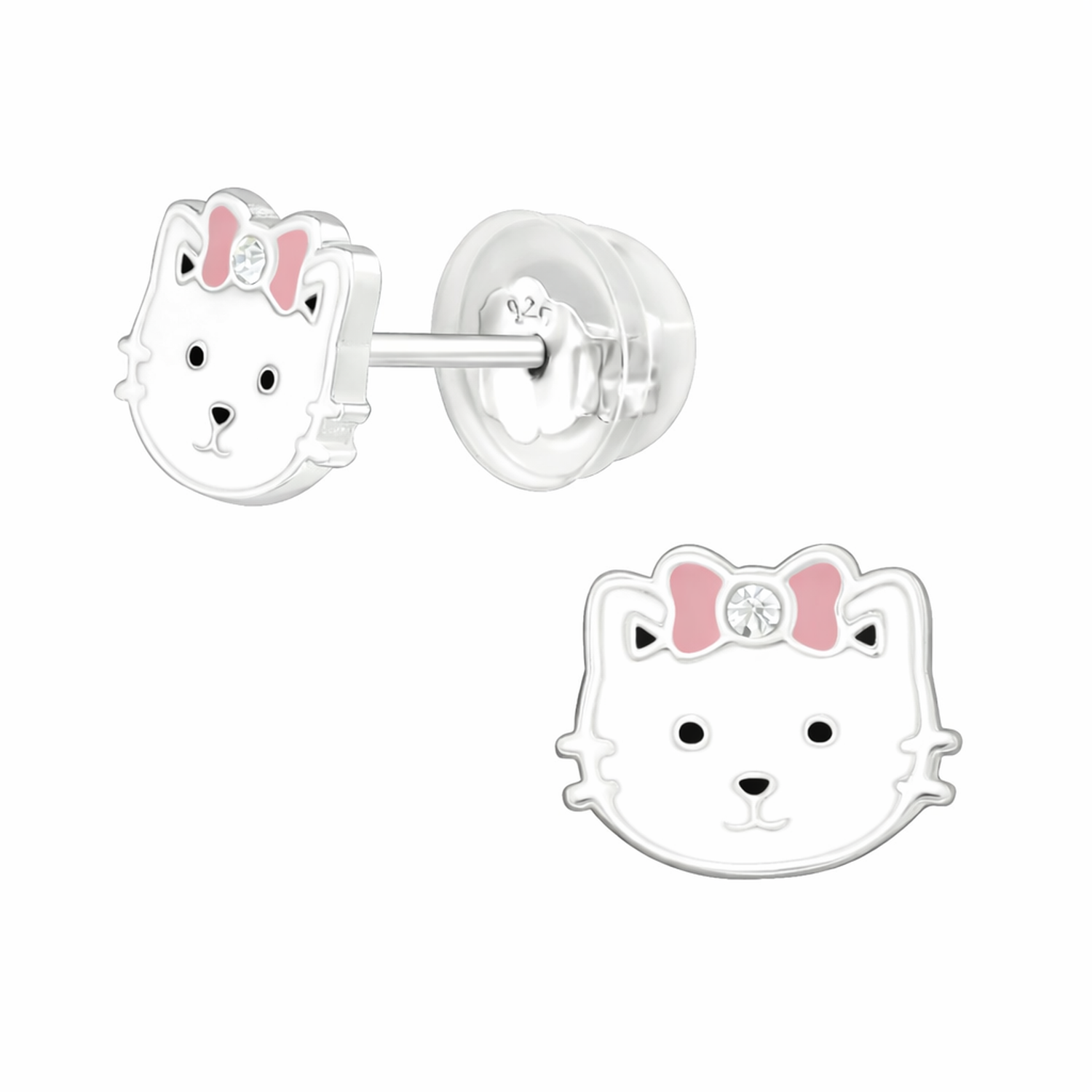 Melchior Jewellery Childrens Cat Stud Earrings in silver with white enamel face and pink bow detail