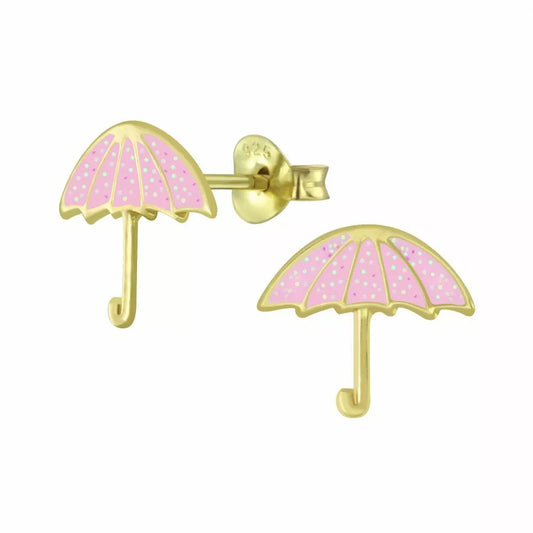 Melchior Jewellery children's gold plated umbrella earrings with pink enamel and polka dot design
