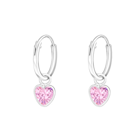 Melchior Jewellery children's hoop earrings with pink gemstone heart charms on small sterling silver hoops