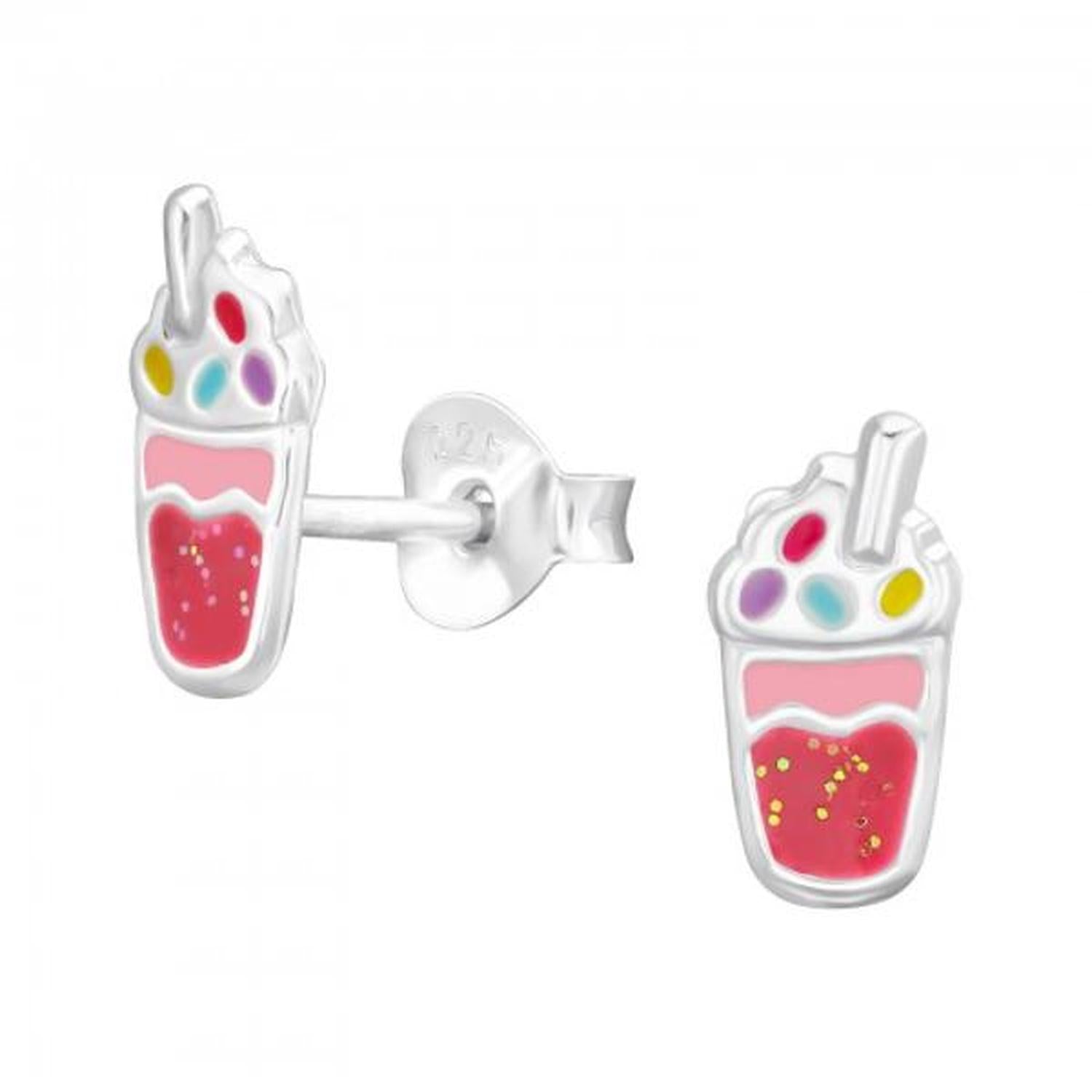 Melchior Jewellery Childrens Milk Shake Earrings in silver with pink drink and colourful sprinkles design