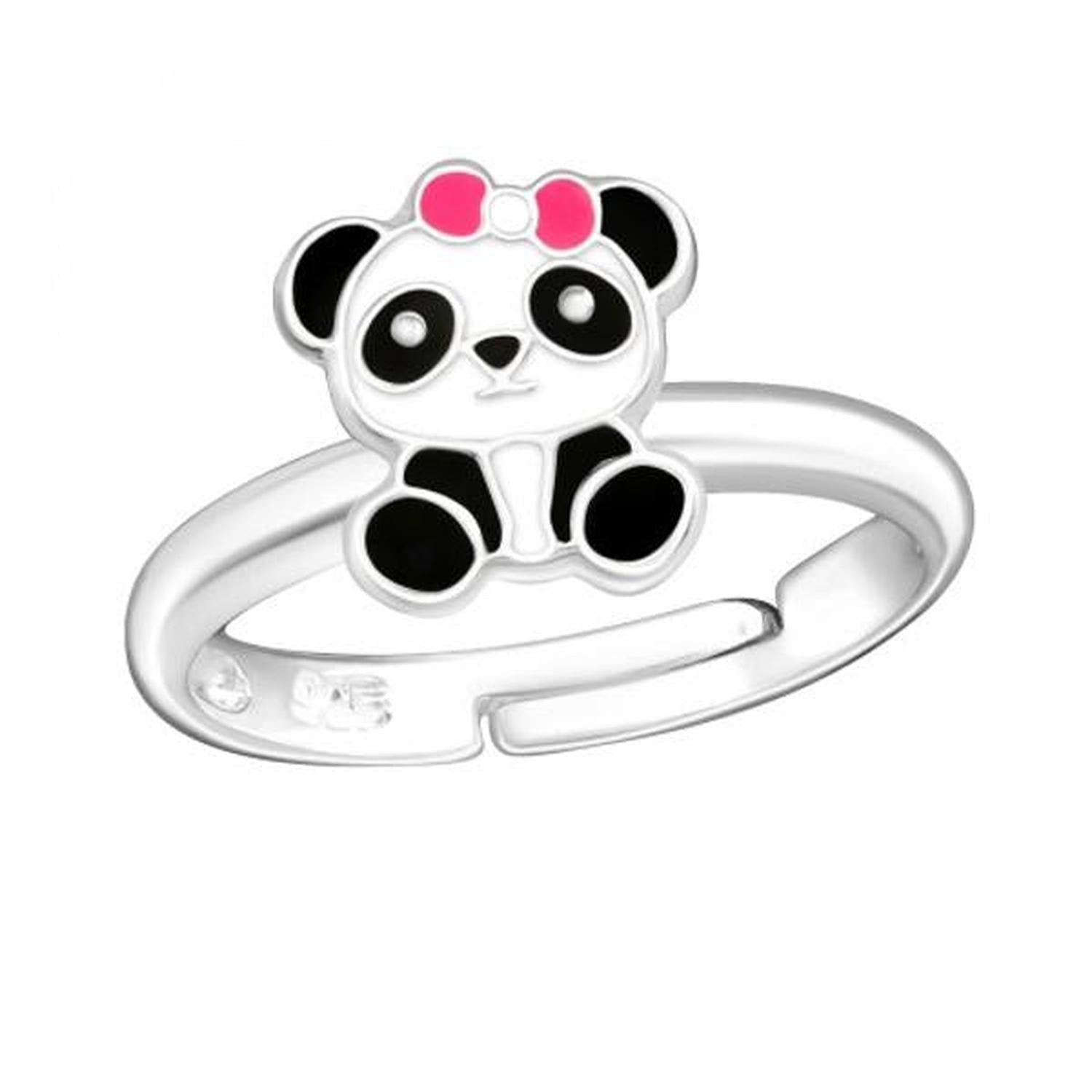 Melchior Jewellery Childrens Panda Bear Ring in silver with black and white panda design and pink bow detail