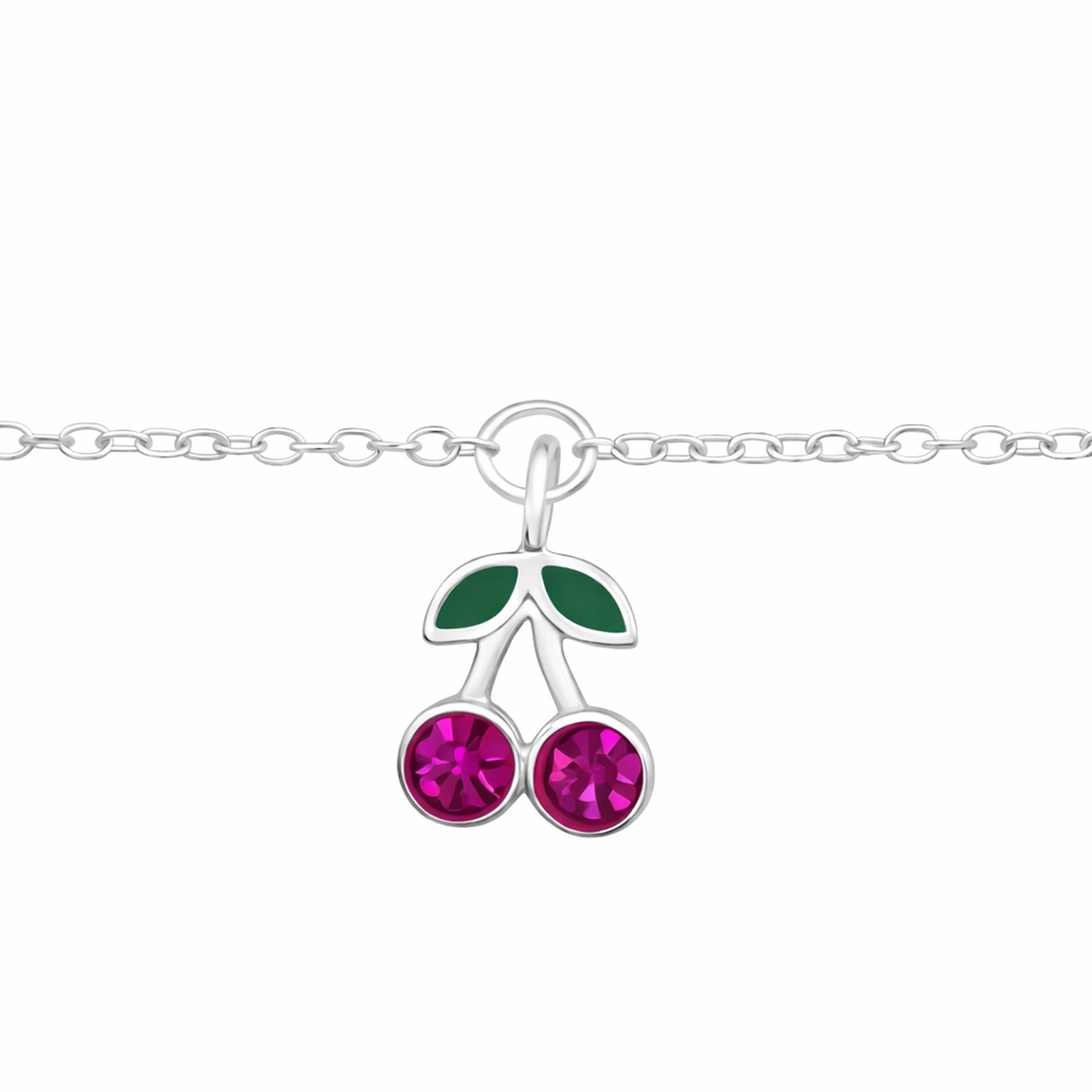 Melchior Jewellery Childrens Pink Cherry Bracelet featuring silver chain with pink gem cherry charm and green leaf detail