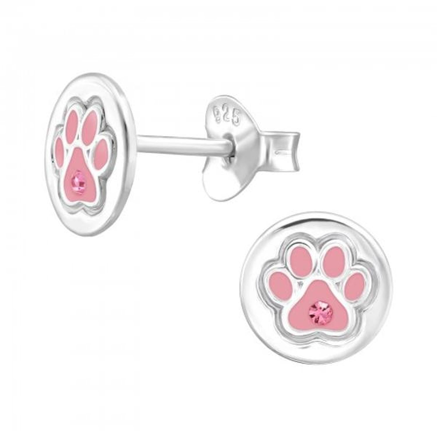 Melchior Jewellery childrens pink paw stud earrings in sterling silver with pink enamel and gemstone detail