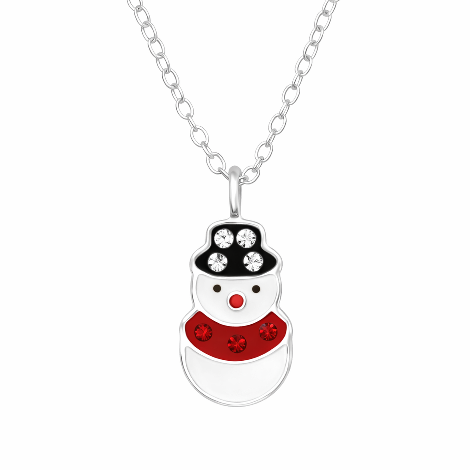 Childrens Silver CZ Snowman Necklace with a black hat, red scarf, and sparkling clear and red stones