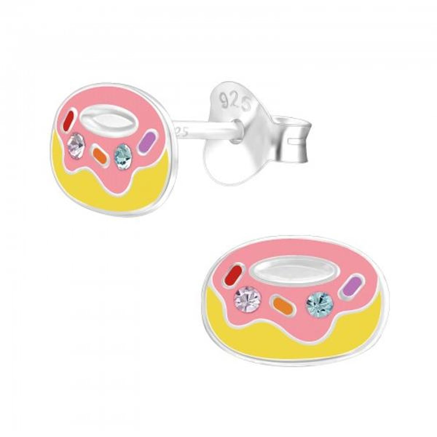 Childrens Silver Donut Stud Earrings by Melchior Jewellery with pink and yellow enamel and colourful gem details