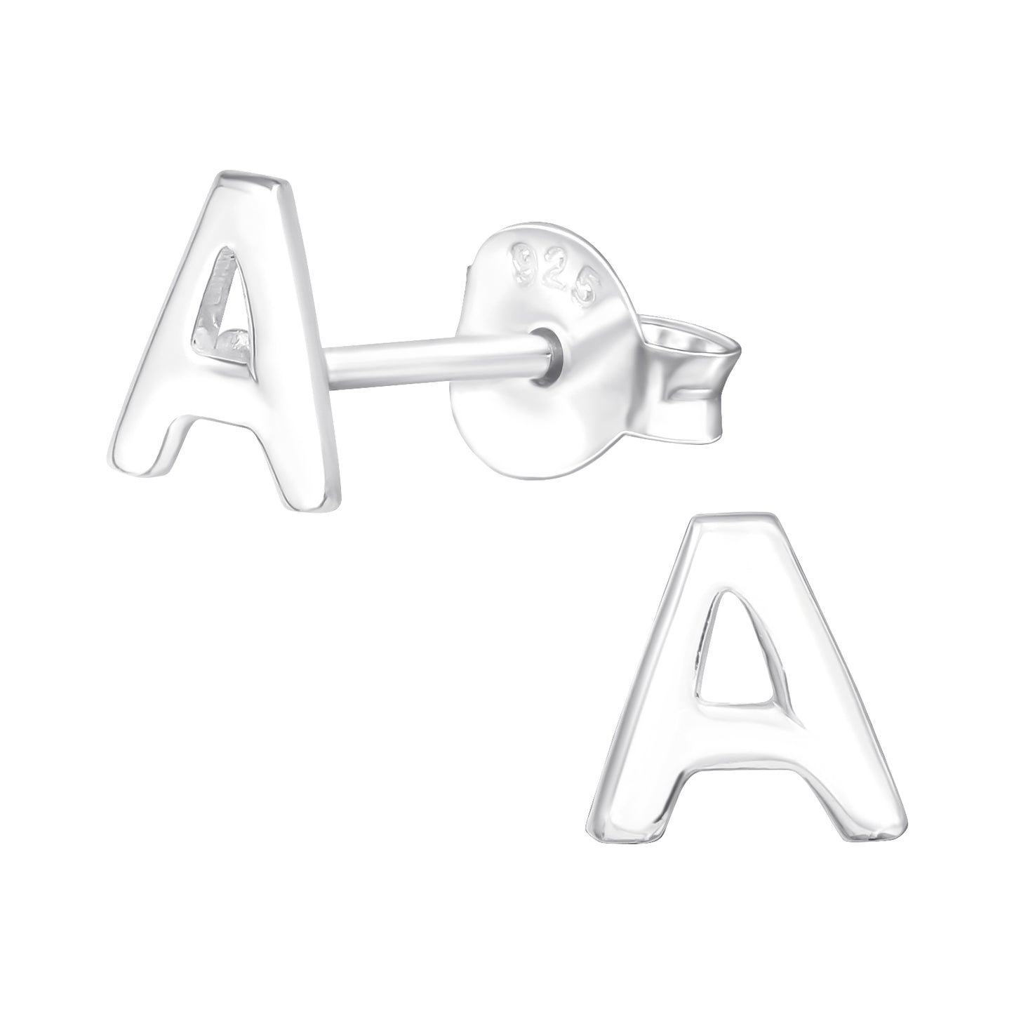 Children's silver letter A earrings from Melchior Jewellery in polished sterling silver studs