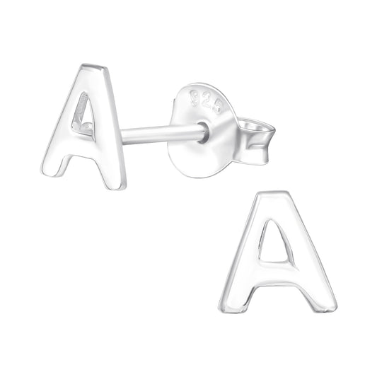 Children's silver letter A earrings from Melchior Jewellery in polished sterling silver studs