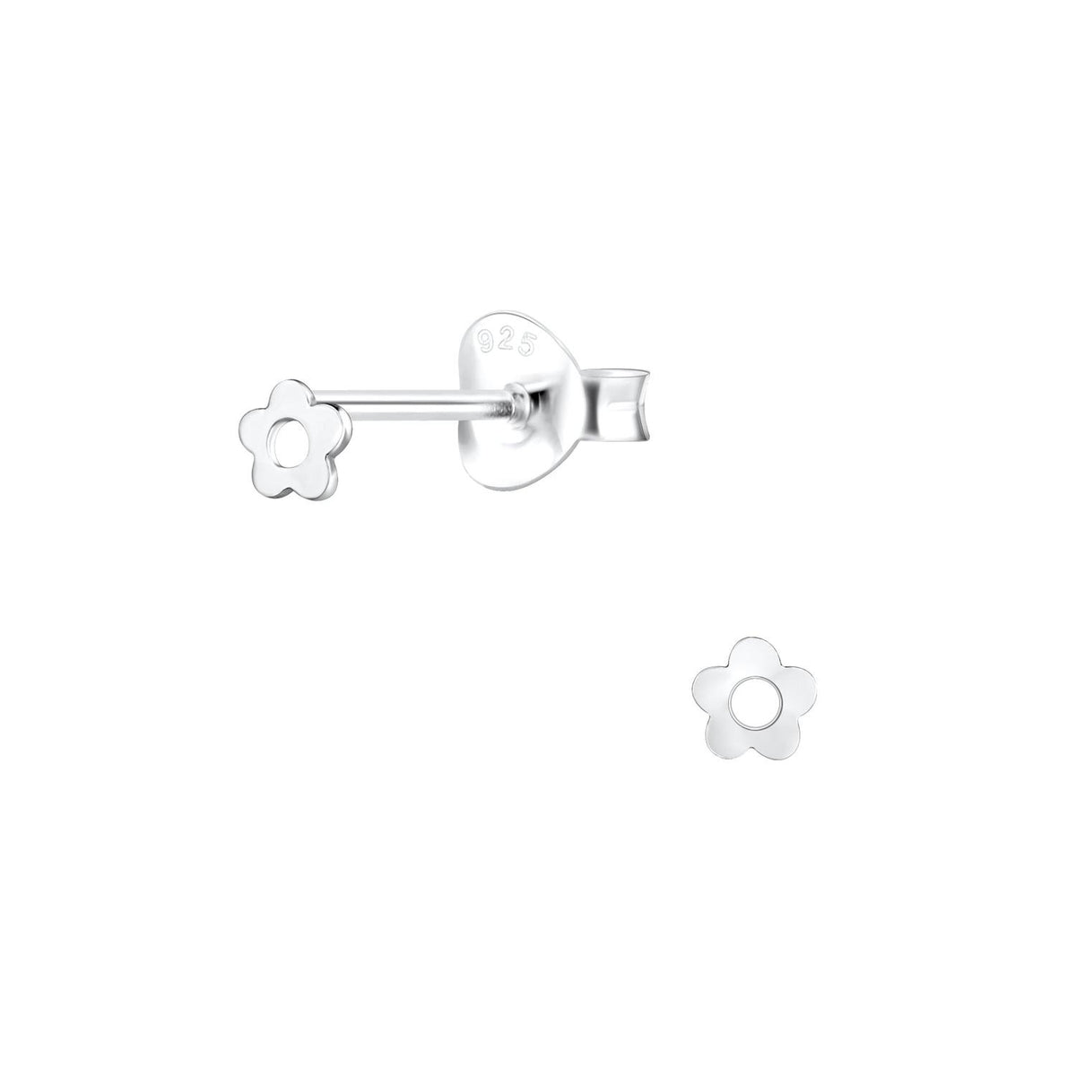 Children's silver tiny flower stud earrings in sterling silver by Melchior Jewellery for kids