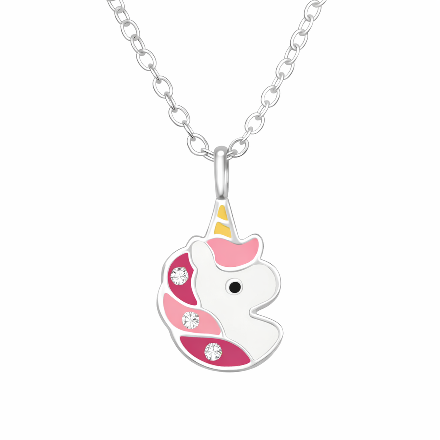 Childrens Silver Unicorn Necklace by Melchior Jewellery with pink and purple mane and sparkling crystal details