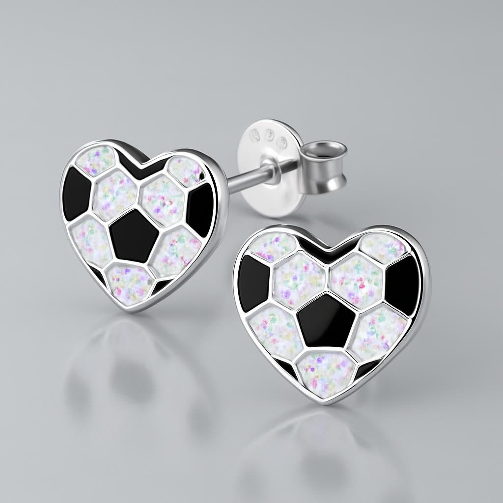 Melchior Jewellery children's soccer heart earrings with black and glitter hexagon pattern studs