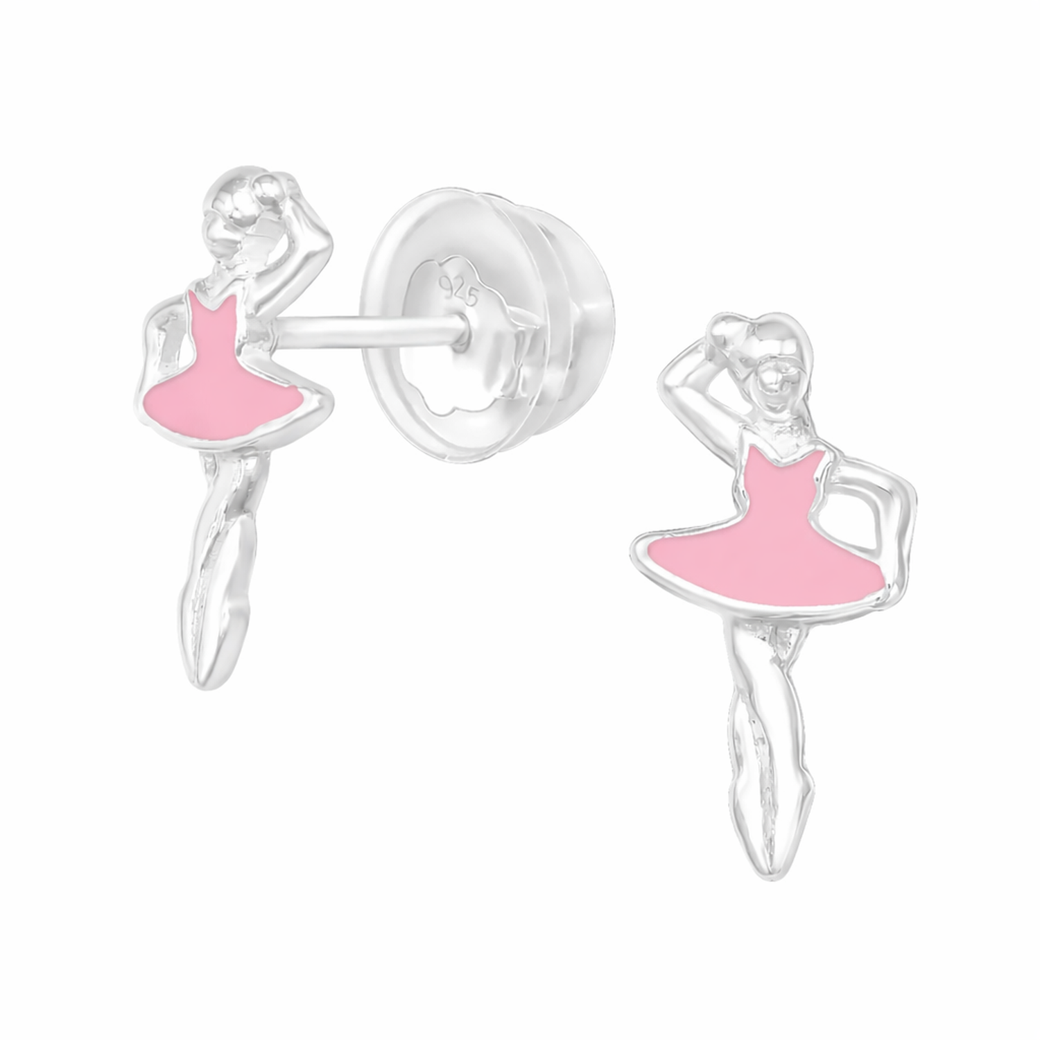 Children's sterling silver ballerina earrings with delicate pink enamel tutus from Melchior Jewellery