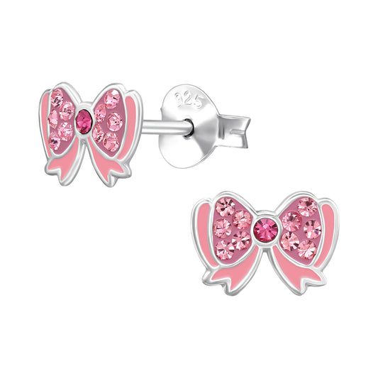 Children's sterling silver bow earrings with pink crystals and enamel detail by Melchior Jewellery