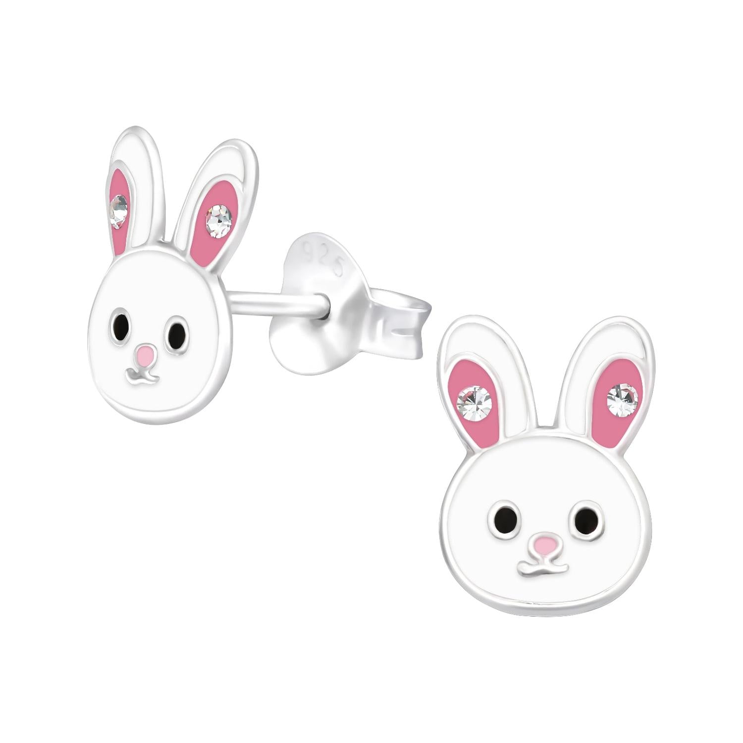 Melchior Jewellery children's sterling silver bunny earrings white enamel with pink ears and crystal studs