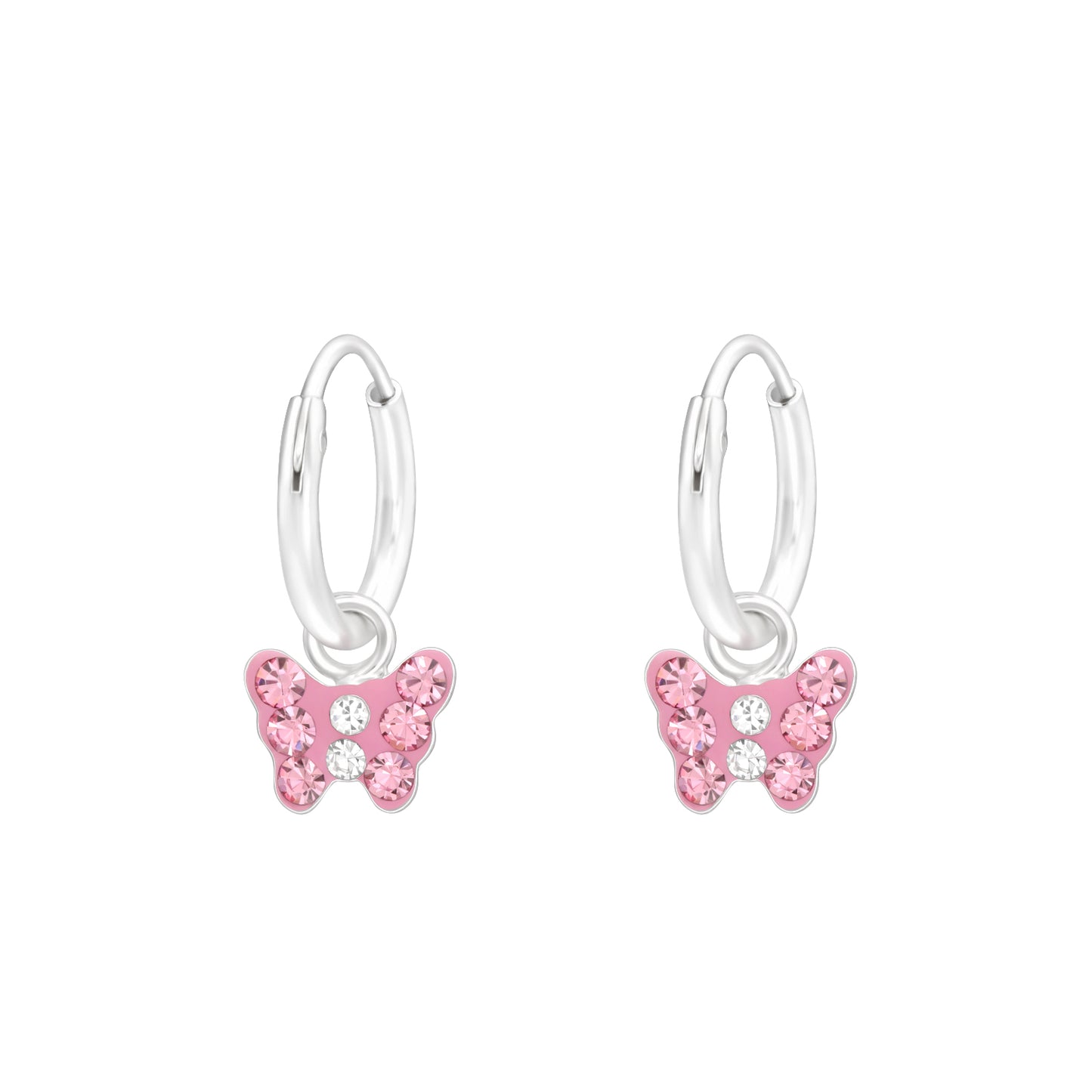 Melchior Jewellery childrens sterling silver butterfly earrings with pink and clear stones on small hoops