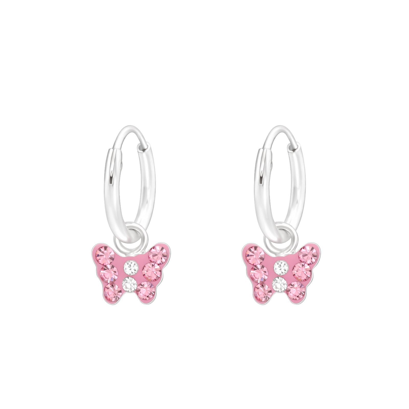 Melchior Jewellery childrens sterling silver butterfly earrings with pink and clear stones on small hoops