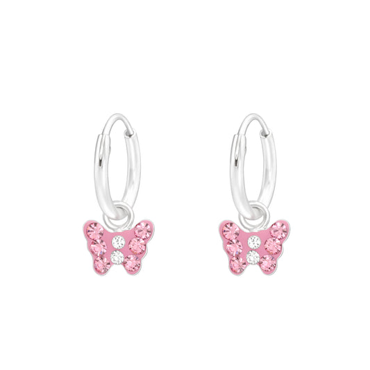 Melchior Jewellery childrens sterling silver butterfly earrings with pink and clear stones on small hoops