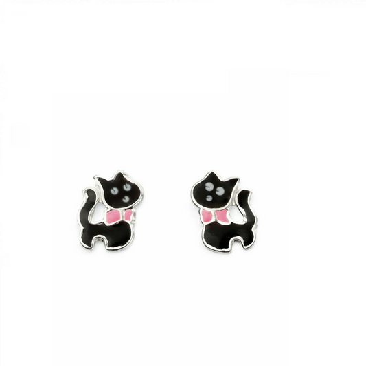 Melchior Jewellery children's sterling silver cat earrings with black enamel and pink bow design