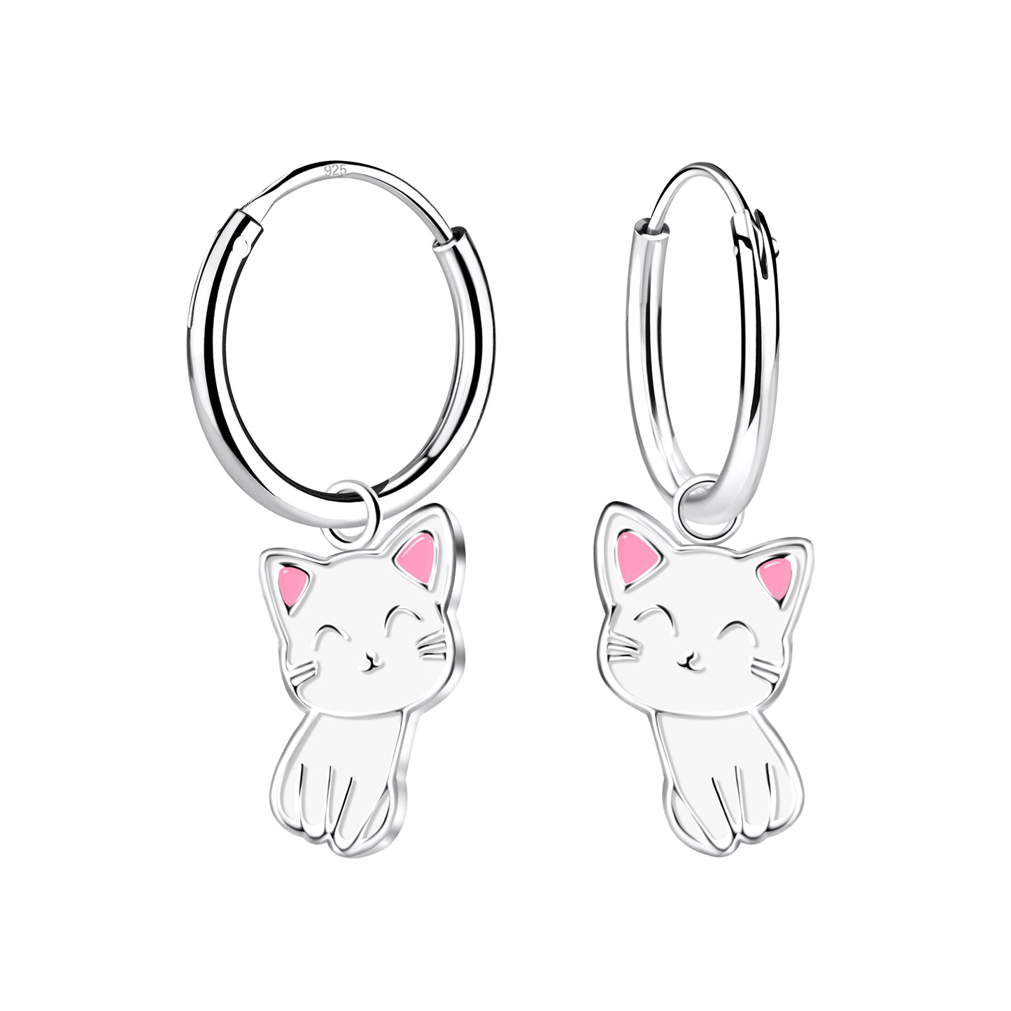 Melchior Jewellery children's sterling silver cat earrings with pink detailing on cat ears