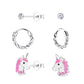 Children's sterling silver earrings set by Melchior Jewellery including unicorn studs, twisted hoops, and clear stone studs
