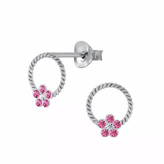 Melchior Jewellery children's sterling silver flower earrings with twisted hoop and pink gemstones
