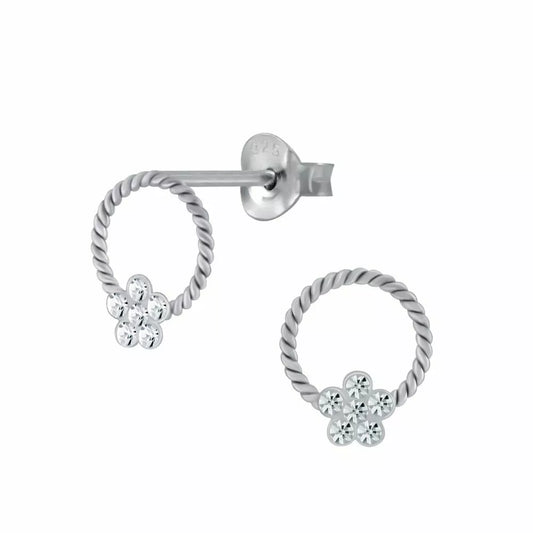 Children's sterling silver flower earrings with twisted hoop design by Melchior Jewellery