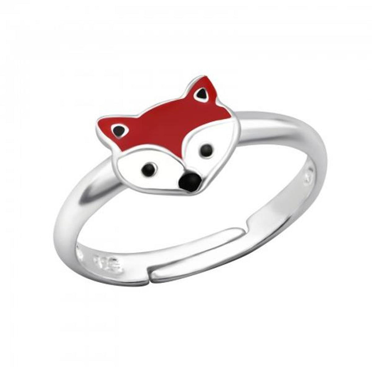 Childrens Sterling Silver Fox Ring by Melchior Jewellery with red and white enamel fox face detail