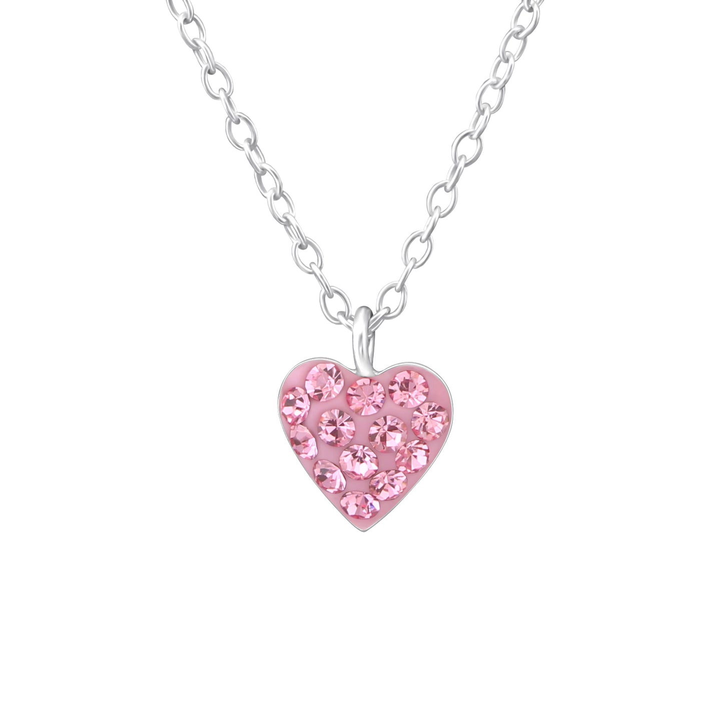 Children's sterling silver heart necklace with pink crystal stones on a delicate silver chain