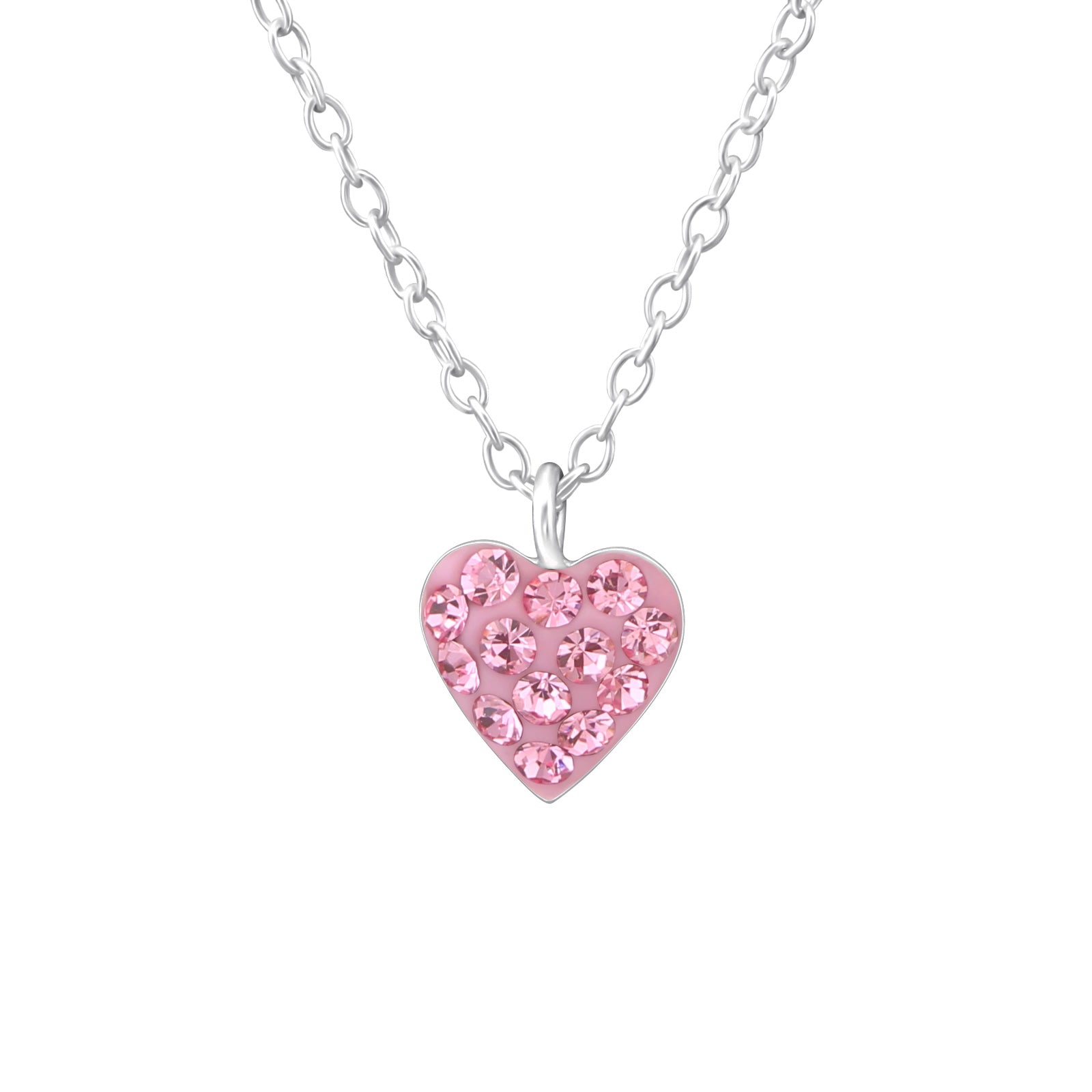 Children's sterling silver heart necklace with pink crystal stones on a delicate silver chain