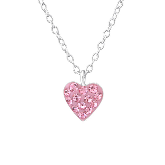Children's sterling silver heart necklace with pink crystal stones on a delicate silver chain